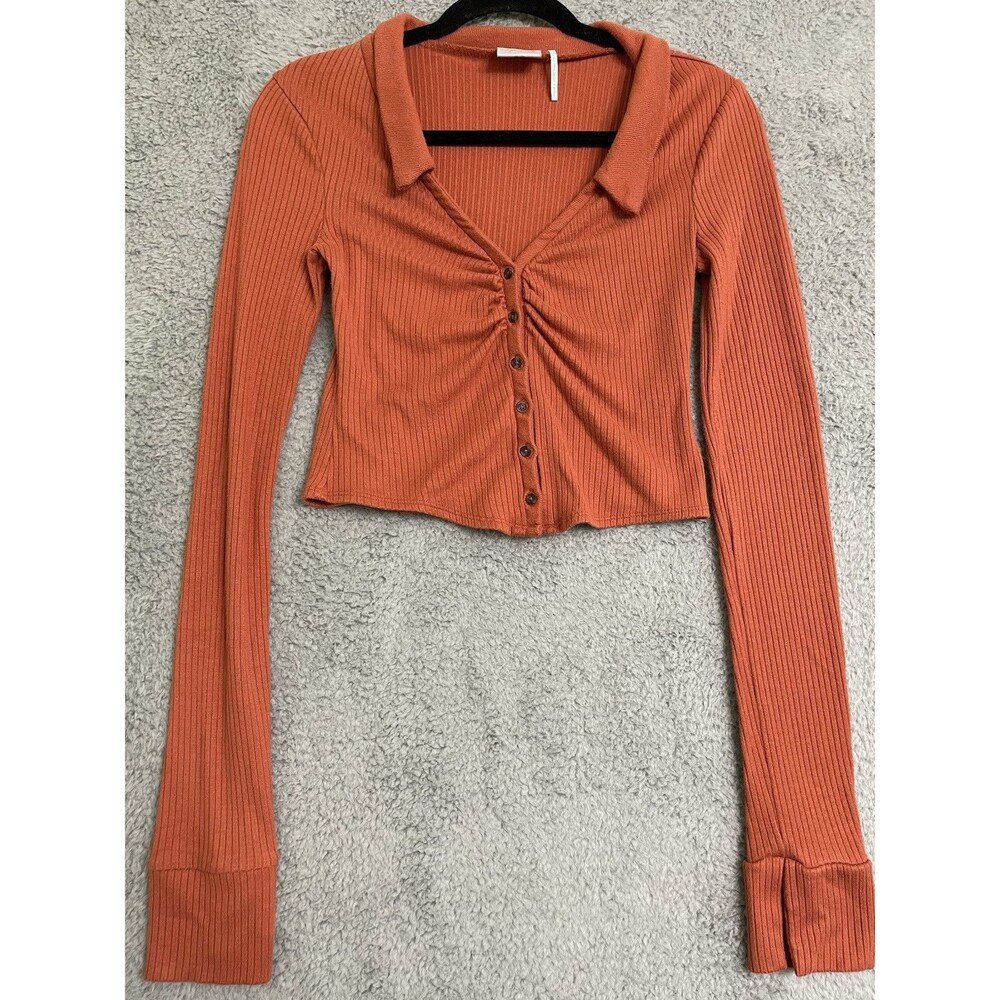 UO Out From Under Maisie Burnt Orange Cropped Long Sleeve Cardigan Top Medium
